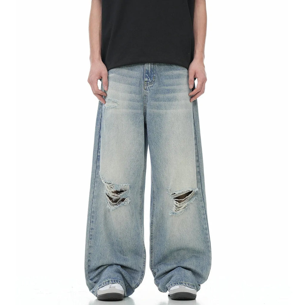 Men's blue retro straight-leg jeans with ripped detailing and cotton-blend fabric