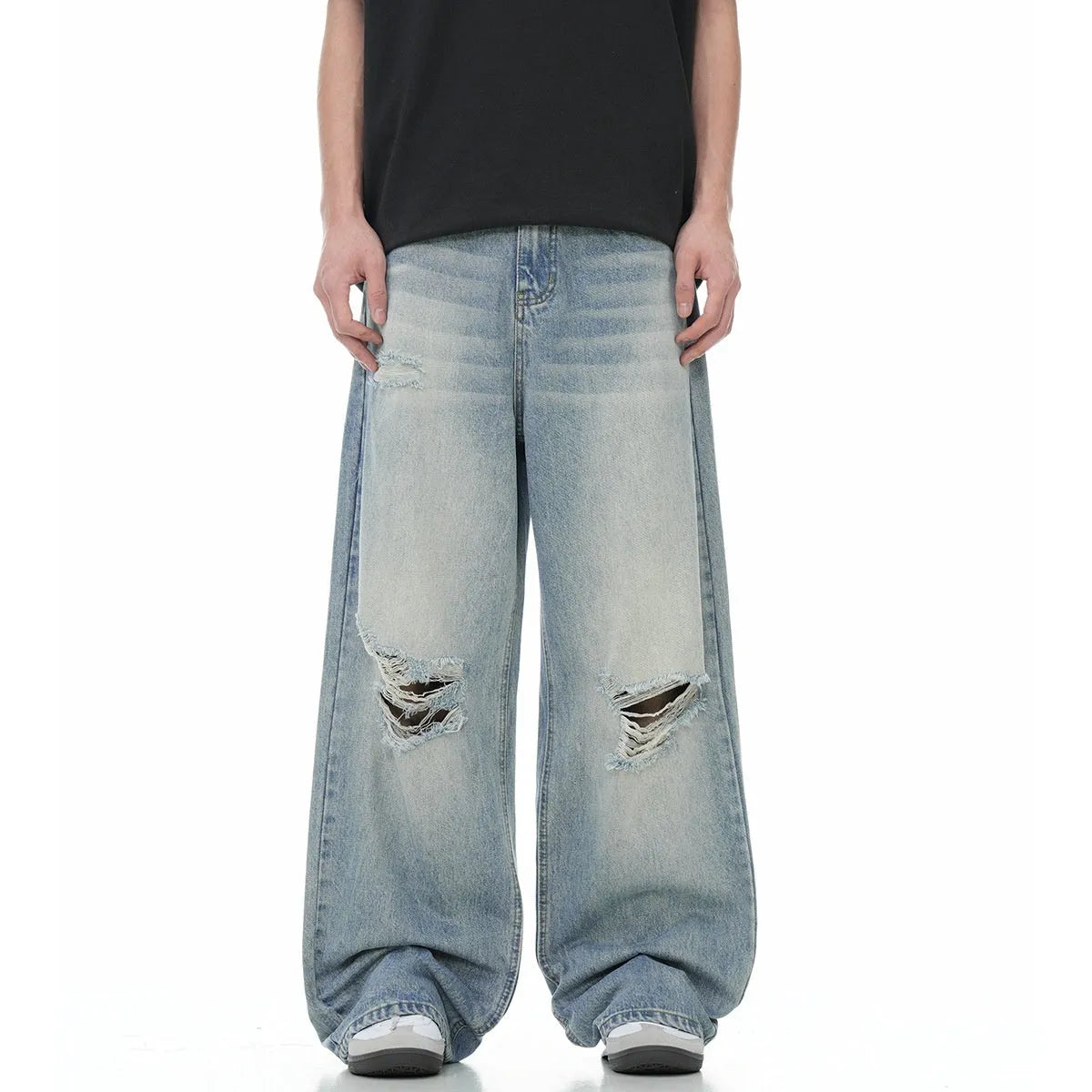 Men's blue retro straight-leg jeans with ripped detailing and cotton-blend fabric