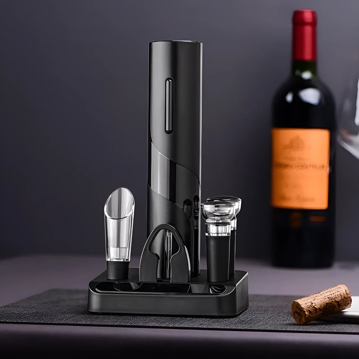 Five-in-one electric bottle opener set with decanter and vacuum stopper on base, ABS plastic, black