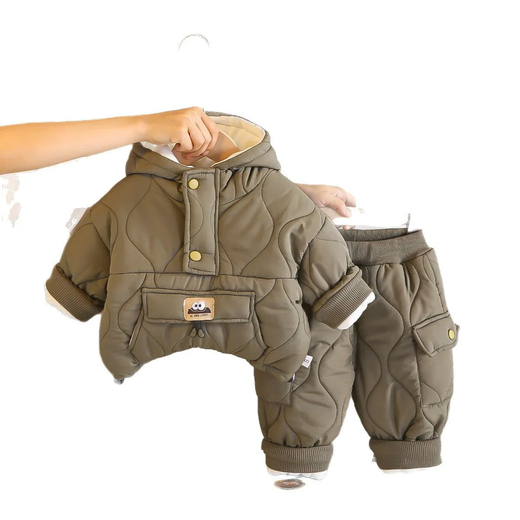 Children's fleece-lined winter suit set with cotton top and trousers in army green, black, or light khaki