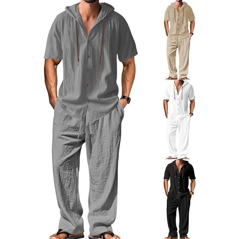 Men's casual cotton leisure suit set in grey, showing long sleeve top and trousers laid flat.