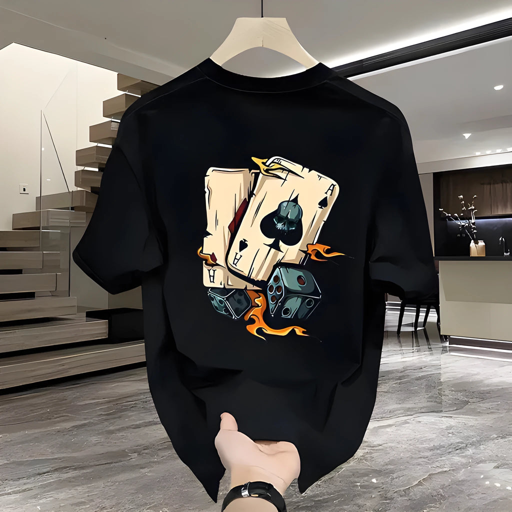 Men's black and white heavy cotton short-sleeved t-shirt shown in multiple sizes