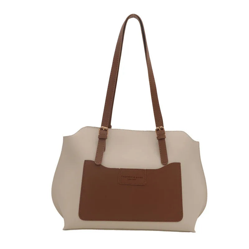 Horizontal square PU tote bag with sandwich pocket and double shoulder straps in neutral colour