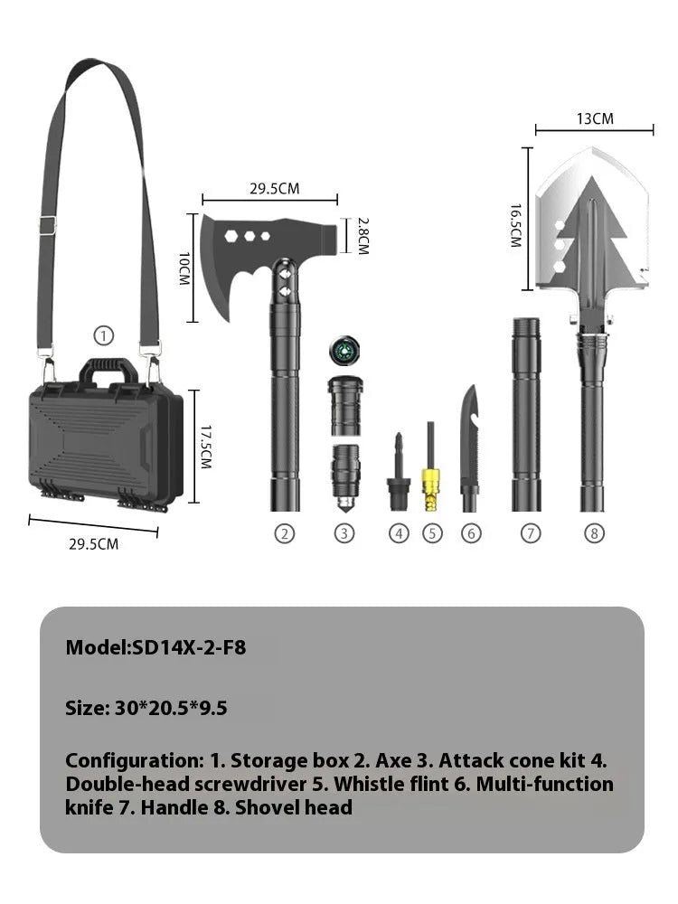 Black multi-functional military shovel and axe set with knife, laid out with its carry case.
