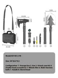 Black multi-functional military shovel and axe set with knife, laid out with its carry case.