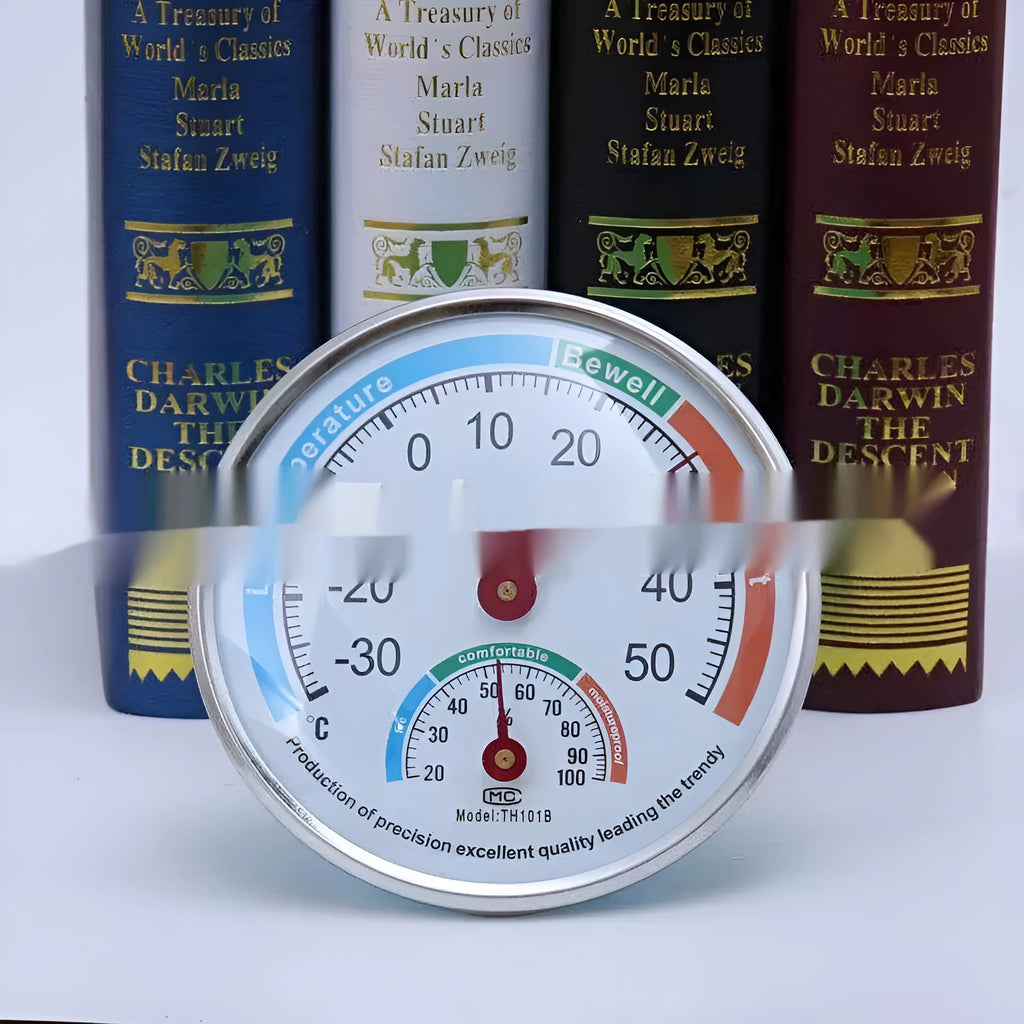 Plastic indoor thermometer with black pointer and back shell for humidity measurement