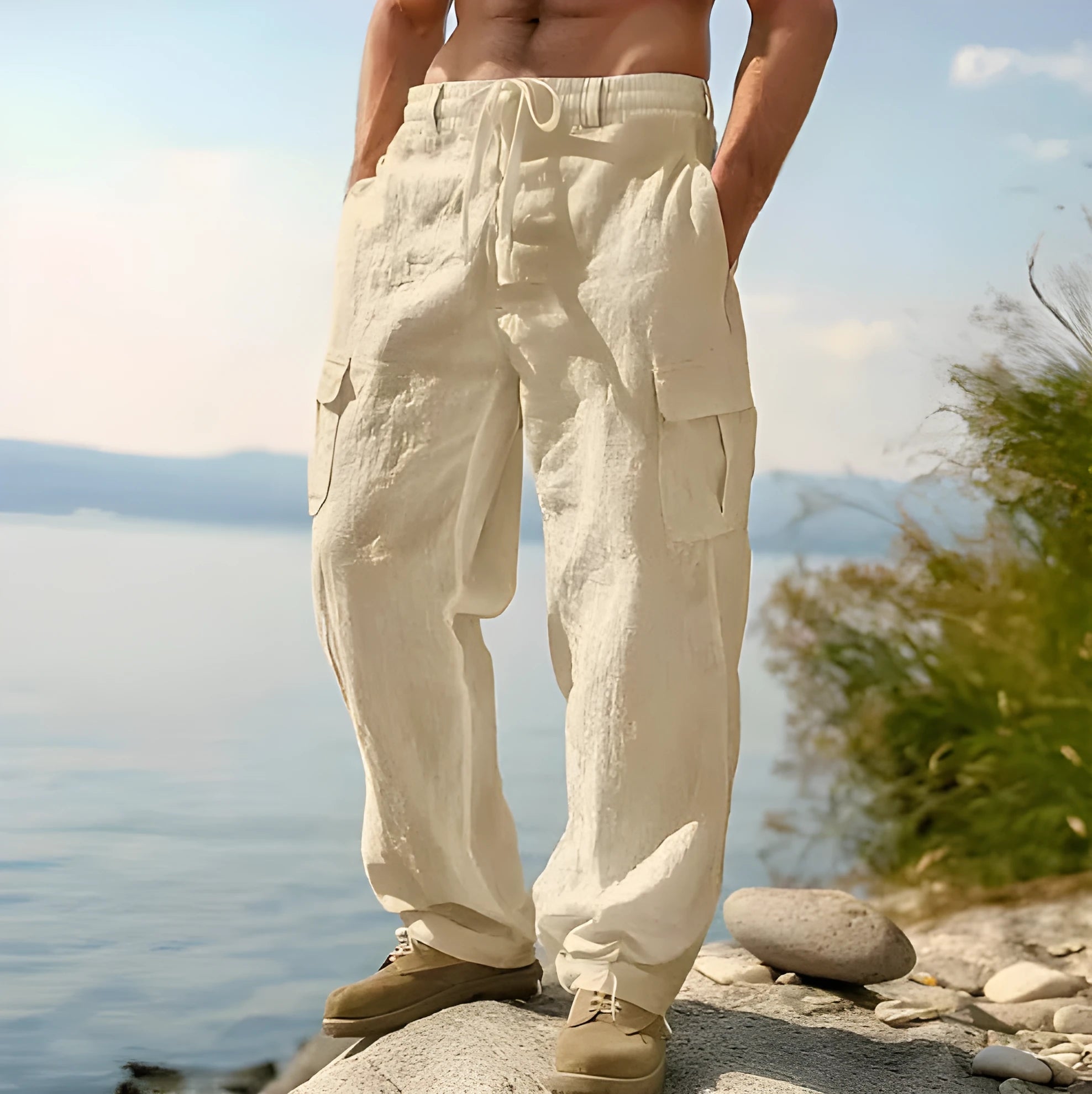 Men's cotton wide-leg casual trousers in light army green colour showing loose fit and mid-waist design