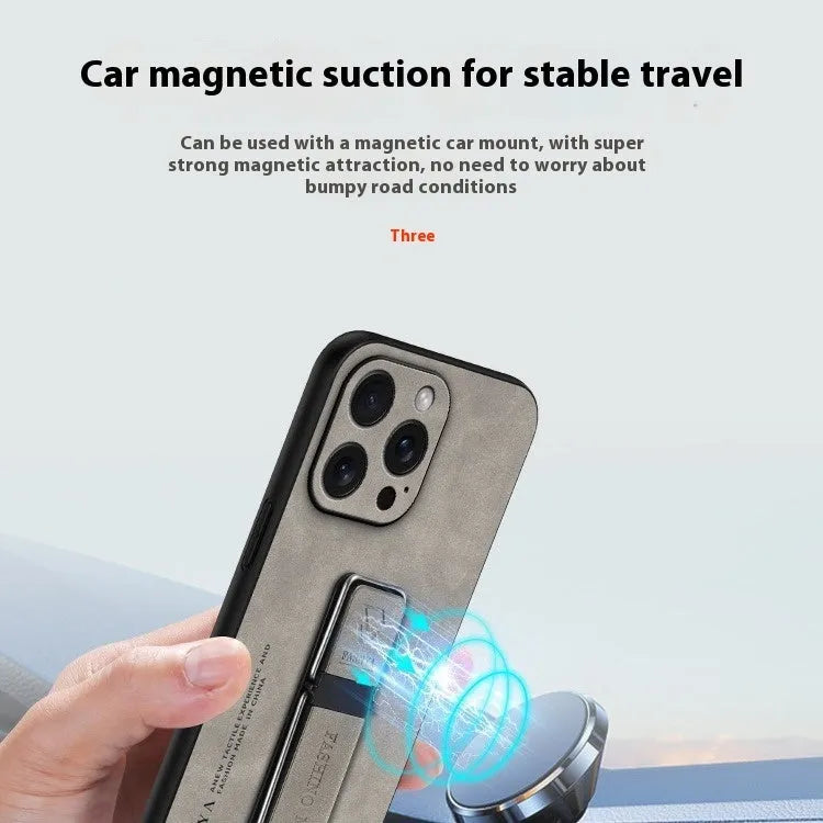 Magnetic bracket sheepskin protective cover for Apple iPhone, all-inclusive shockproof case with kickstand in black