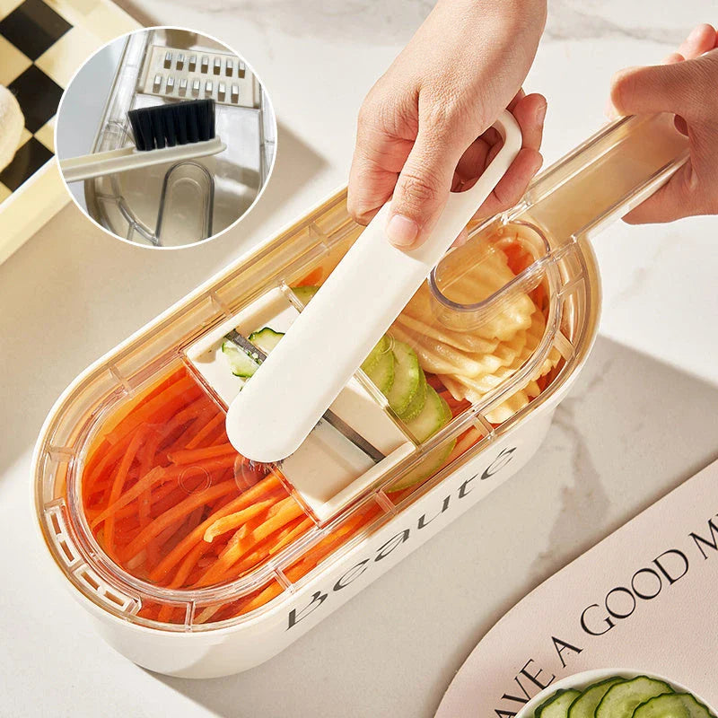 Versatile vegetable slicer and chopper with interchangeable blades and built-in storage container