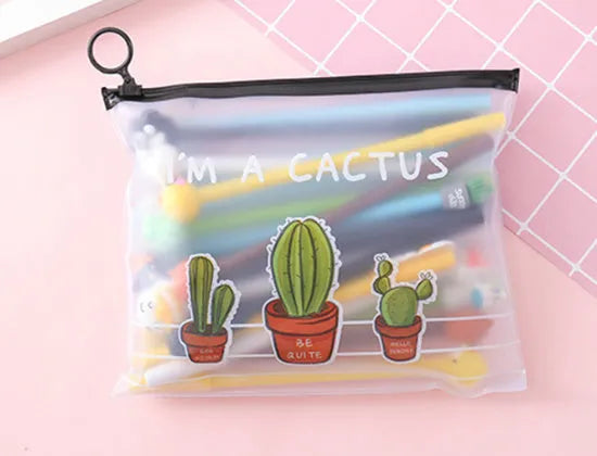 20 black 0.5mm gel pens in Marvel cartoon cactus character plastic case measuring 21 by 17cm