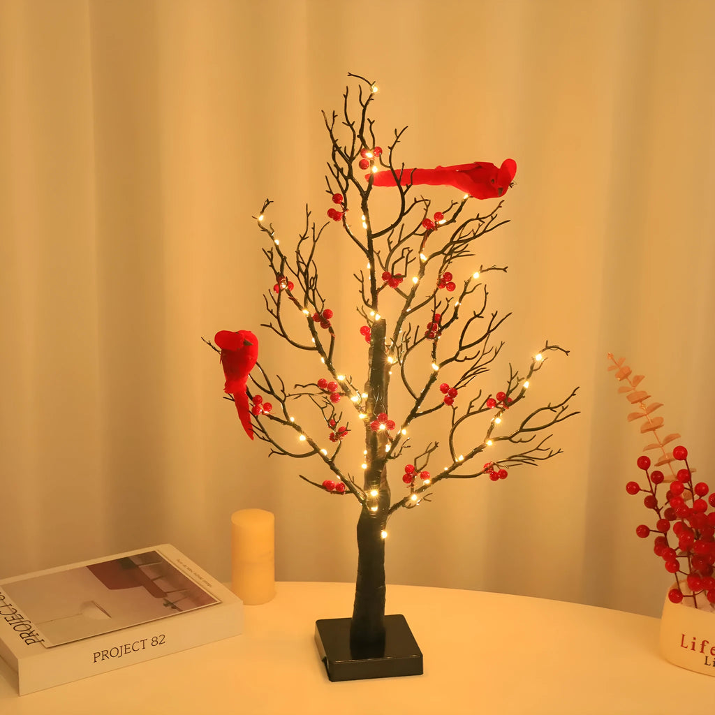 Red bird winding tree lamp with 60 lights, 53cm plastic shell, IP42 decorative holiday light