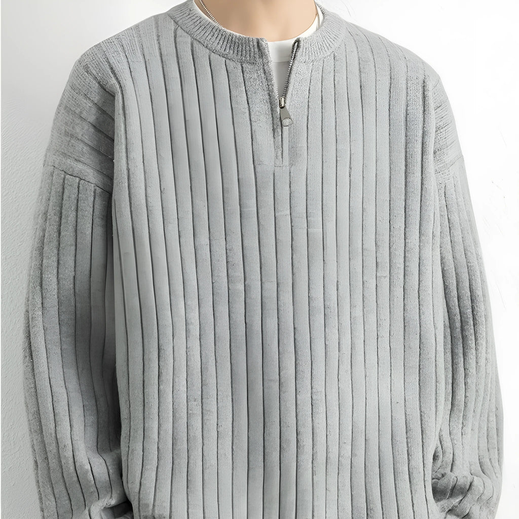 Men's grey half-zip textured sweater with loose fit and long sleeves