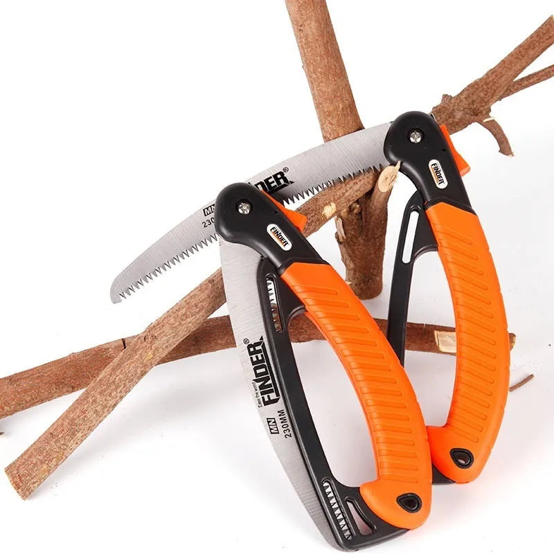 A folded garden hand saw with a TPR handle and a 230mm long metal saw blade extended.