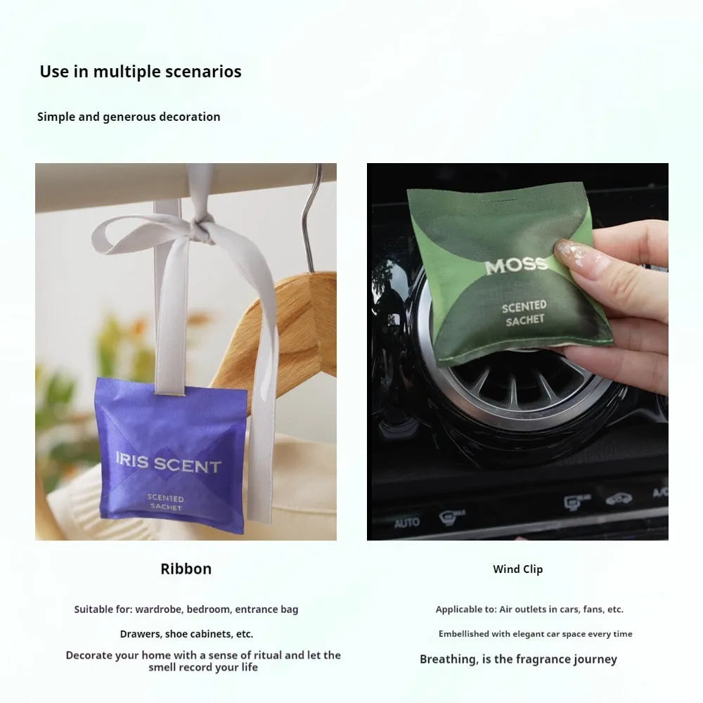 Car vent sachet air freshener with air outlet clip, ribbon and five aroma types, sachet 7 x 7cm
