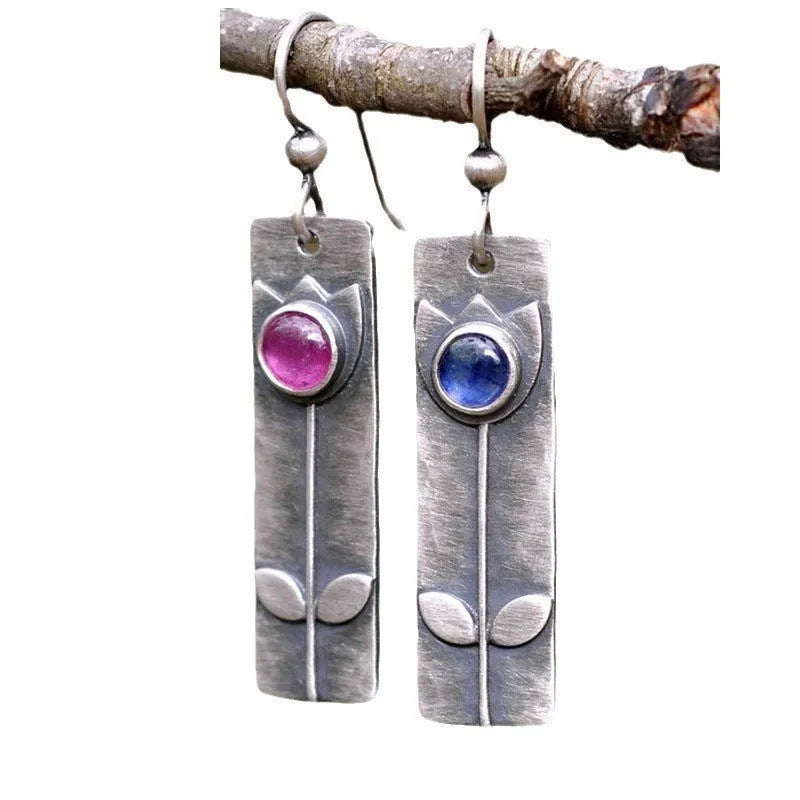 Antique finish red sapphire geometric ellipse earrings with electroplated metal retro style