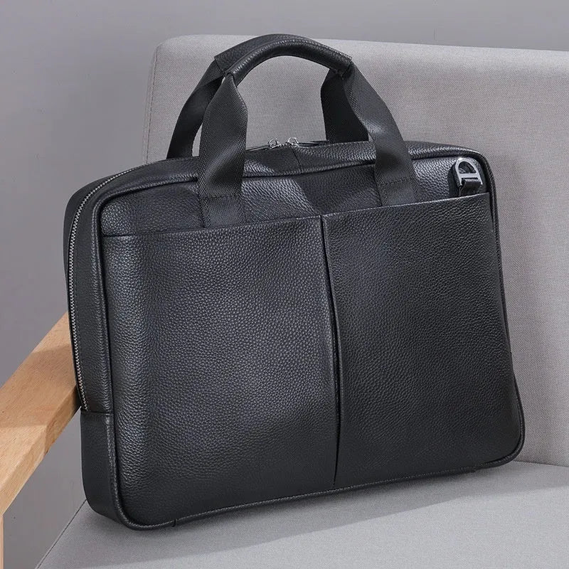 Genuine leather large capacity horizontal briefcase in black for men, first layer cowhide with sewing line detailing