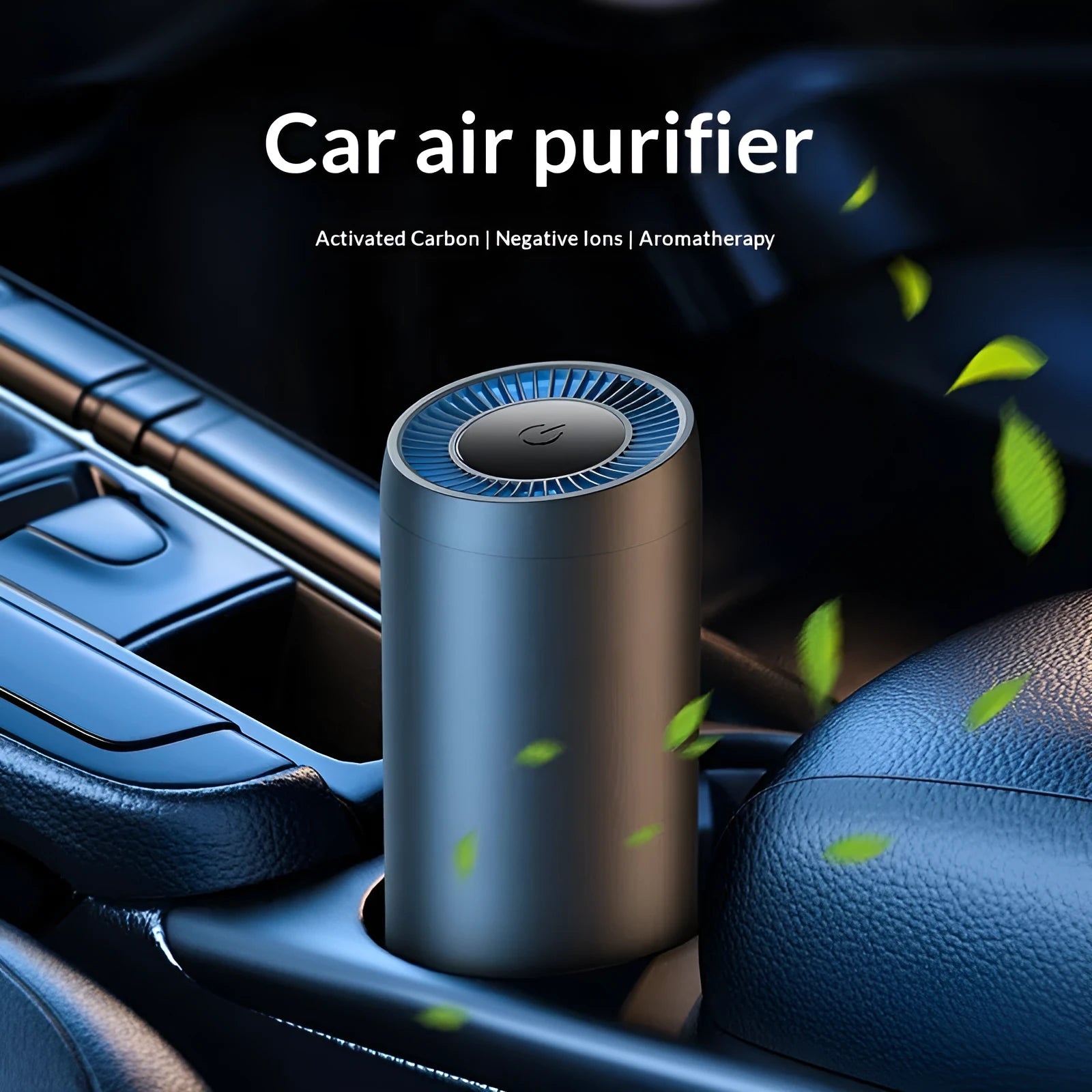 Small portable USB car air purifier with black aluminium alloy shell and ABS construction, 3W power rating