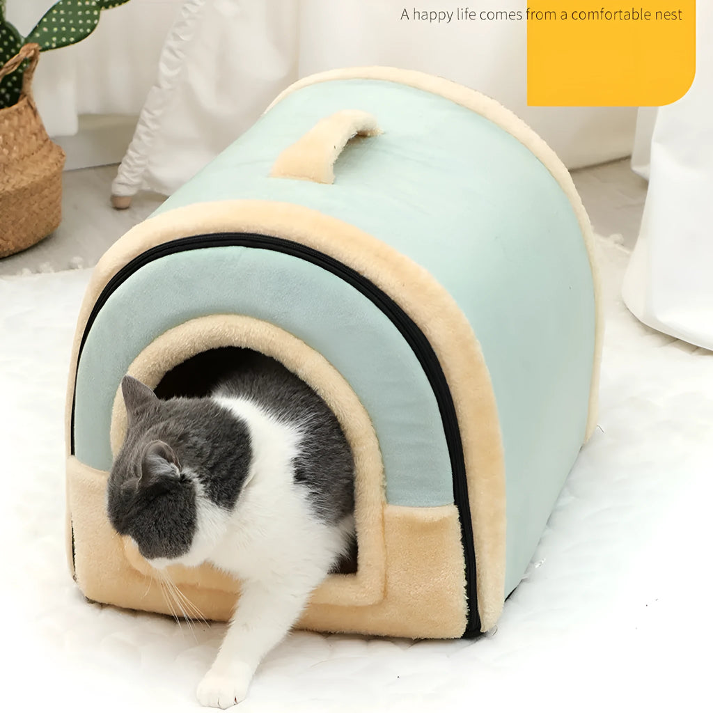 Portable cloth cat bed with handle, available in S, M, L and XL with pink, blue, brown and green patterns