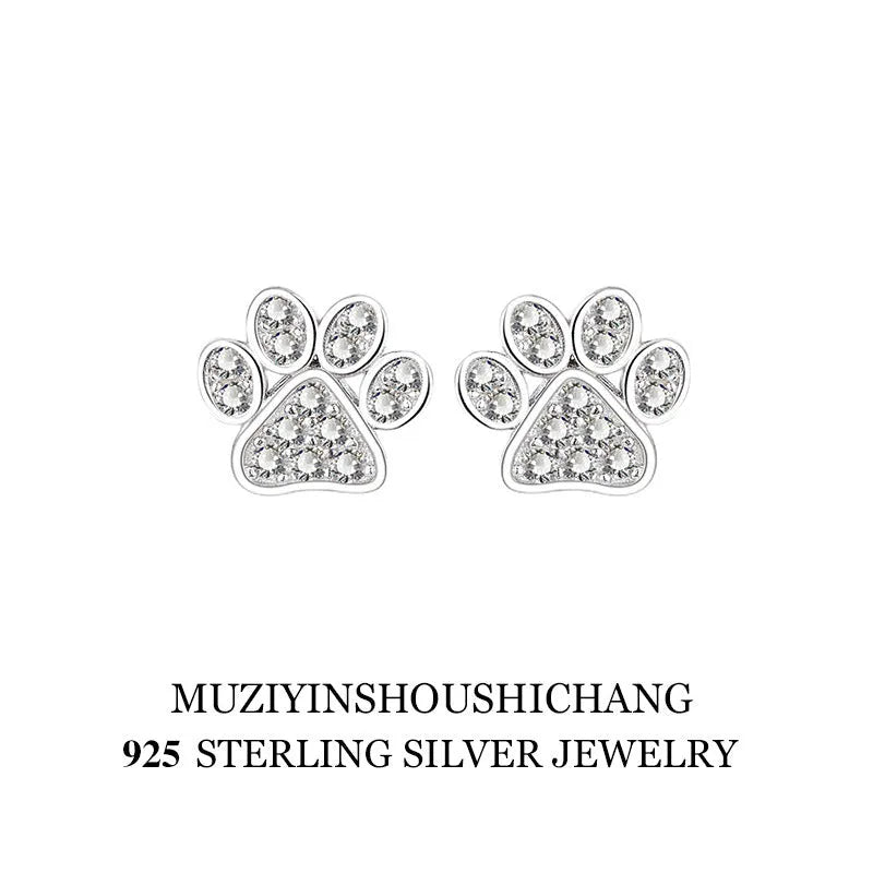 Full diamond 925 sterling silver cat's paw stud earrings in silver colour with zircon stones