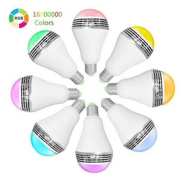Creative Home E27 smart LED bulb with integrated Bluetooth speaker, showing RGB colour changing ability.