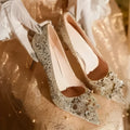 Champagne coloured bridal shoes with rhinestone crystal flower patterns and pointed toe design