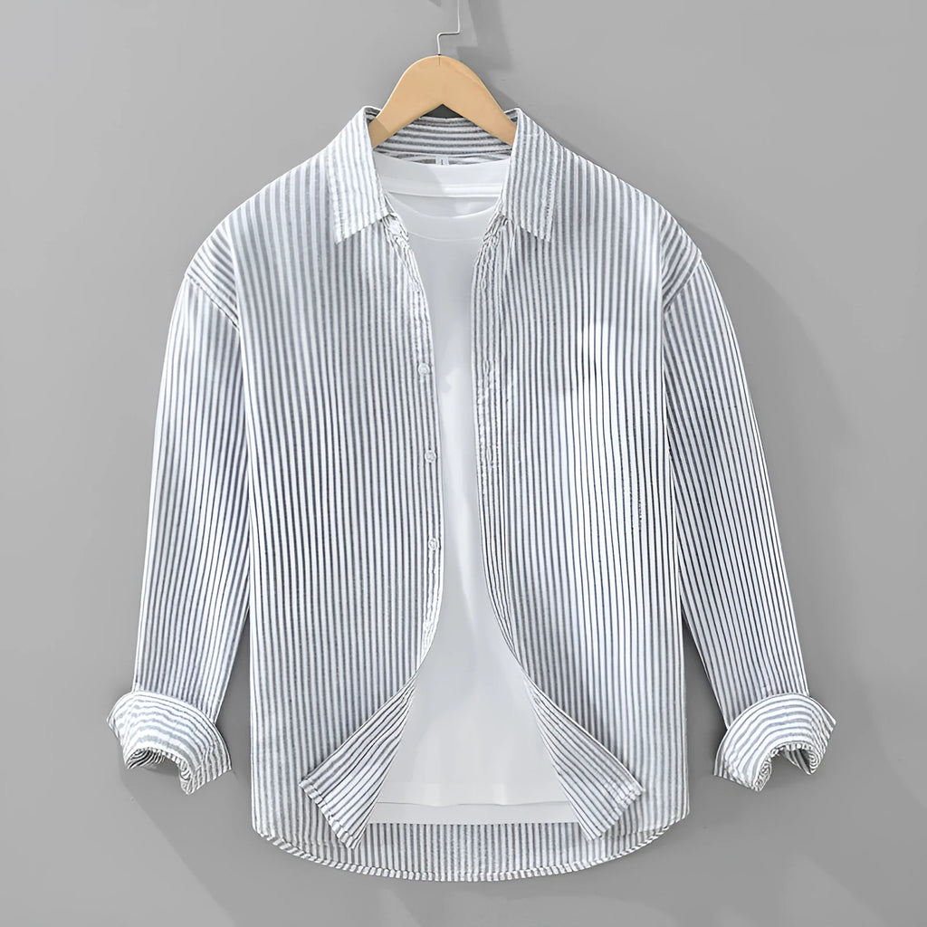 Men's loose long-sleeved vertical striped shirt in pure cotton, grey or blue and white stripes, sizes M to 3XL