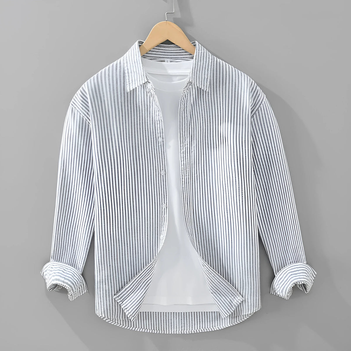 Men's loose long-sleeved vertical striped shirt in pure cotton, grey or blue and white stripes, sizes M to 3XL