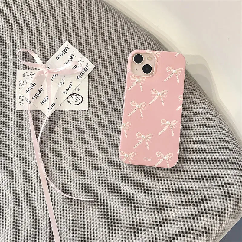 Pink Girl Pearl Bow Stereo Phone Case with three-dimensional pearl dot bow decoration for iPhone 13 Pro Max