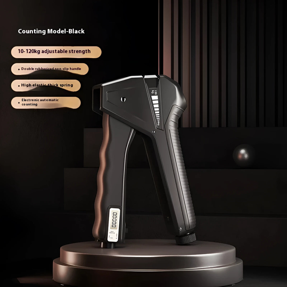 Adjustable hand grip strengthener with 5-60kg resistance in PP plastic, shown in a selection of colours.