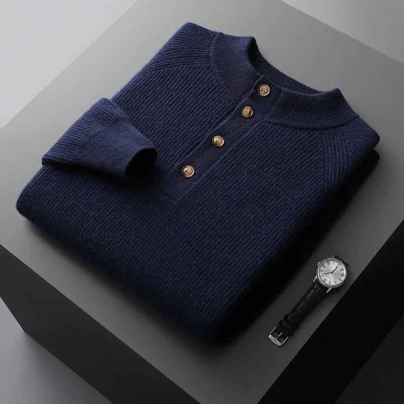 Oversized thick knitted pullover sweater with half-height cardigan collar in dark blue, loose fit