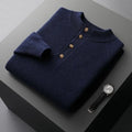 Oversized thick knitted pullover sweater with half-height cardigan collar in dark blue, loose fit