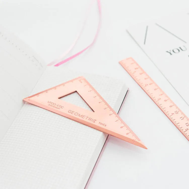 Stainless steel ruler set with protractor, triangle plate, and ruler in transparent pocket