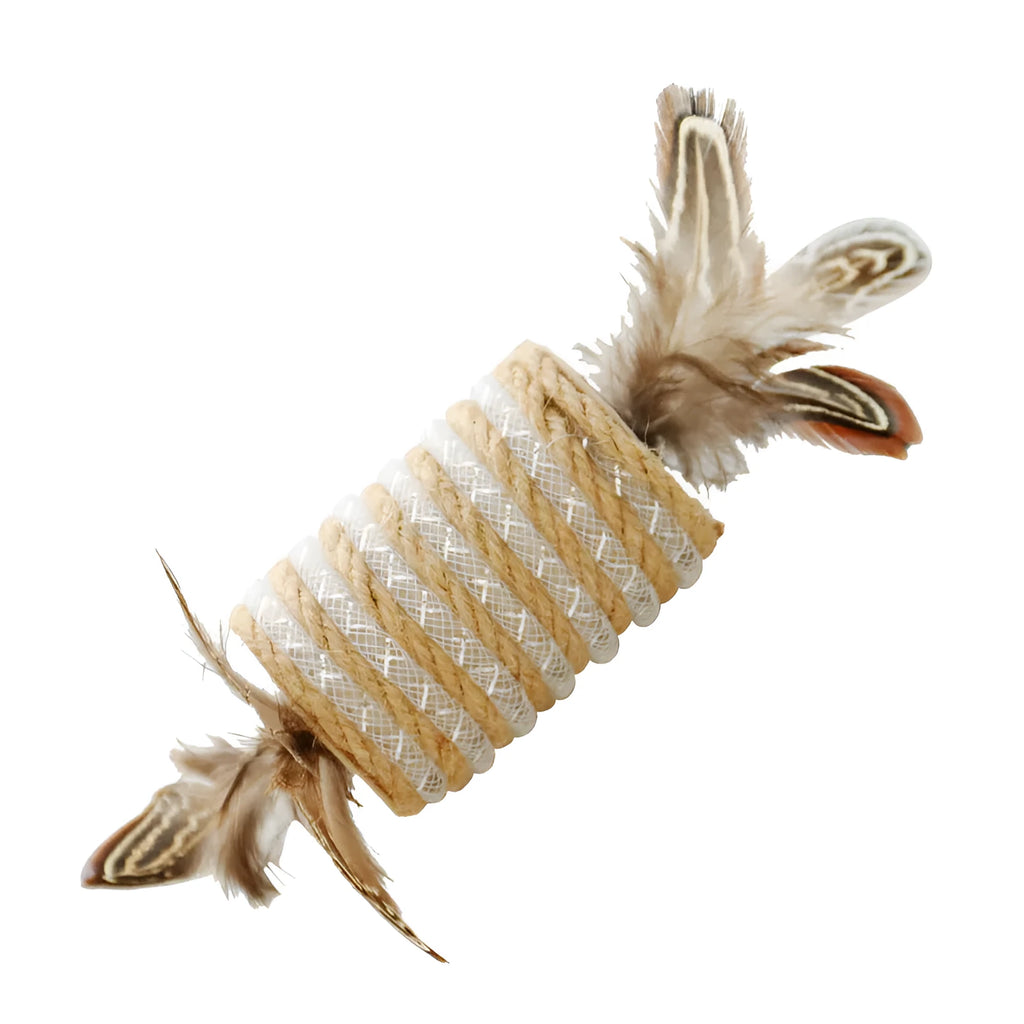 Beige cat toy with hemp rope scratching post, feathers, and a built-in sound roller on a neutral background.