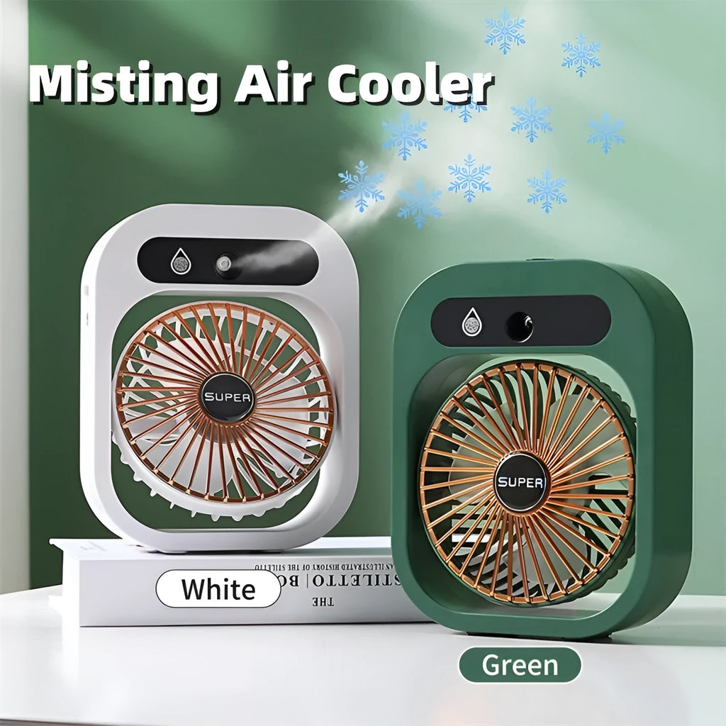 Green and white USB portable misting fan humidifier on a desk showing adjustable vent and water tank.