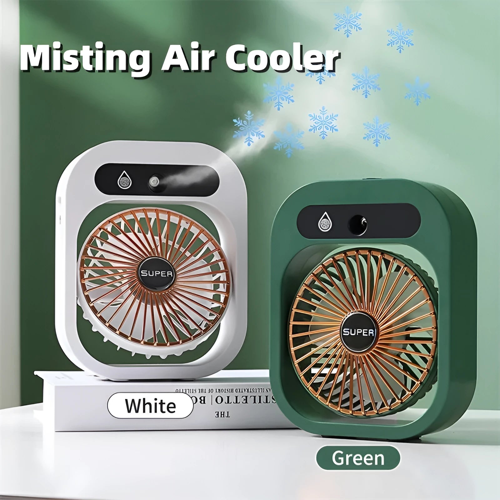 Green and white USB portable misting fan humidifier on a desk showing adjustable vent and water tank.