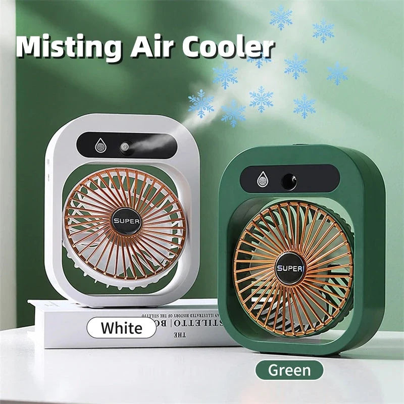 Versatile portable misting fan with cooling humidifier, featuring adjustable wind speeds and a refreshing mist function for indoor climate control