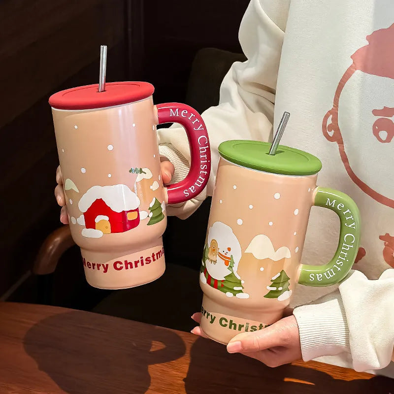 800ml white porcelain Christmas ceramic mug with cartoon pattern, cylindrical single-layer shape, microwave safe