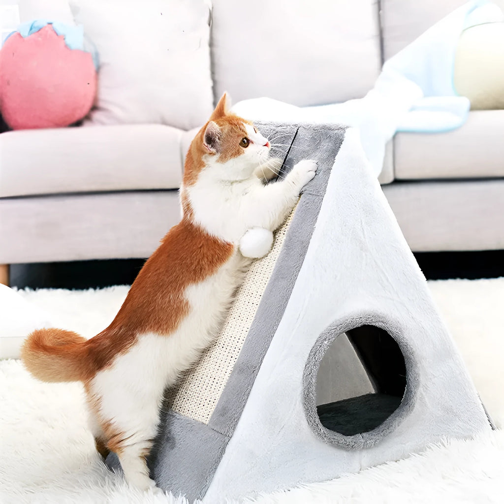 Triangular cat bed with integrated sisal scratching post in grey-white and light brown-beige colour options
