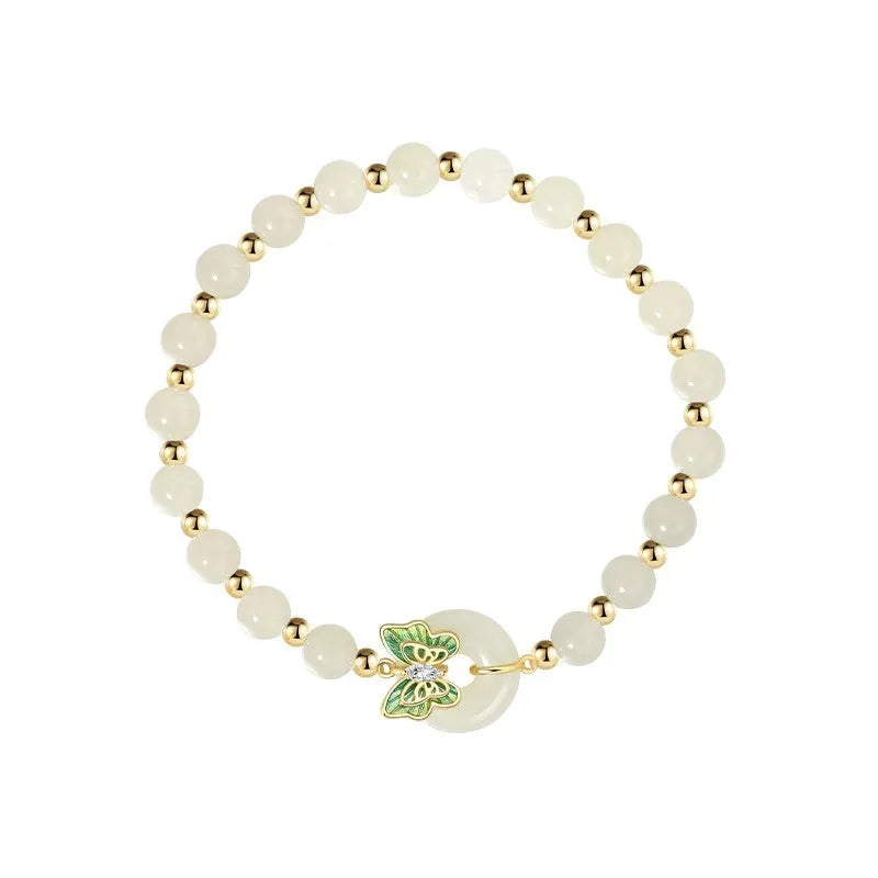 Cyan Hetian jade bracelet with silver-inlaid butterfly design and 6mm beads