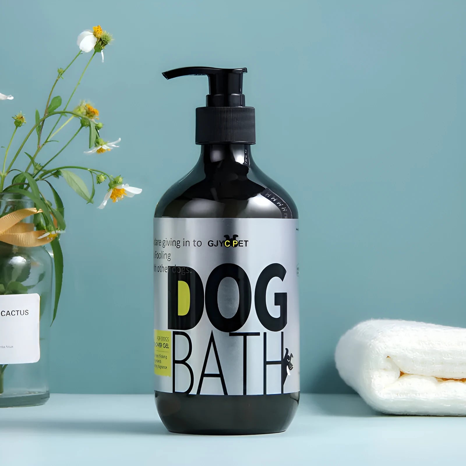 100ml antibacterial deodorising dog shower gel in a plain plastic bottle with a label