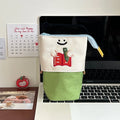 Brown Korean style collapsible pencil case with cartoon design and oxford fabric material