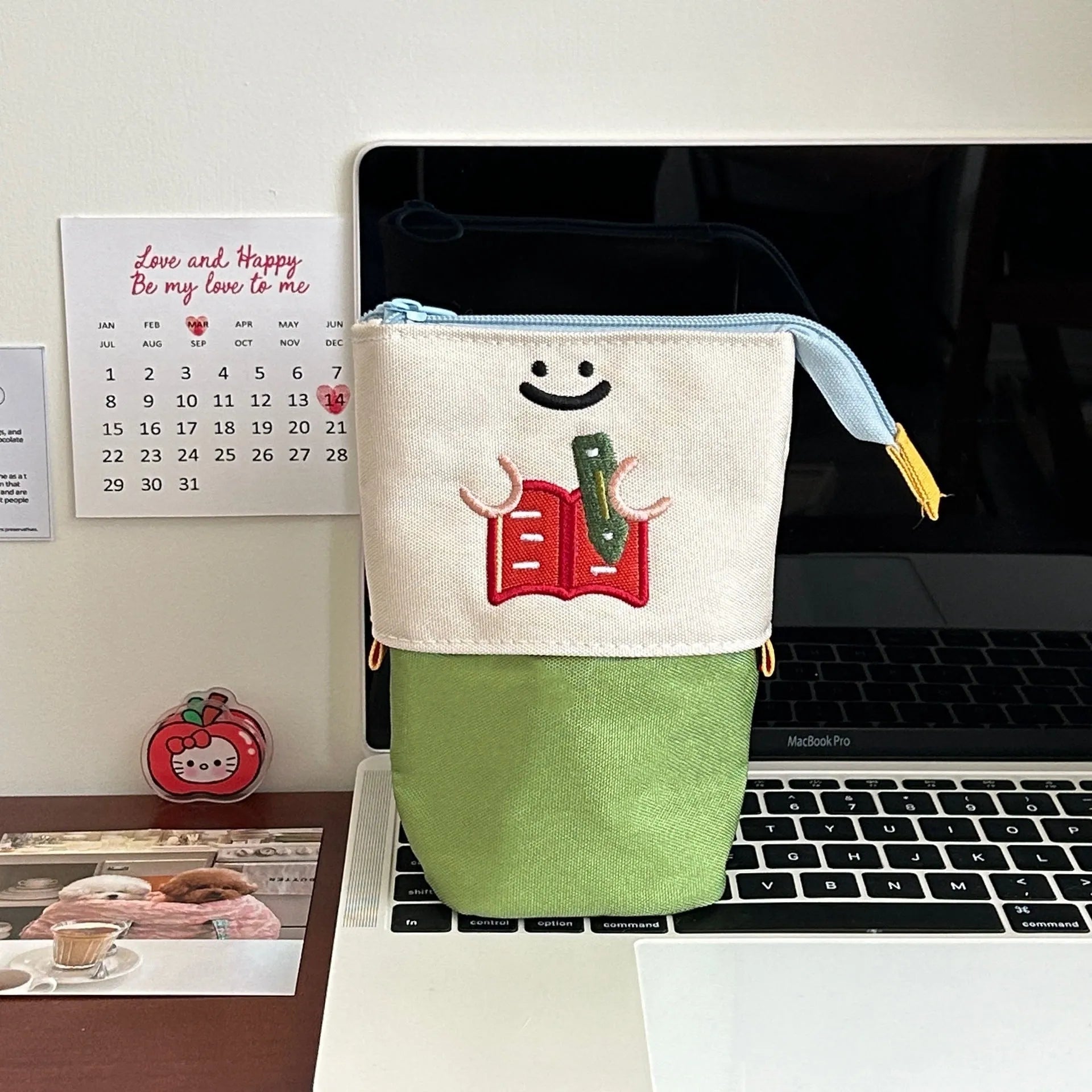 Brown Korean style collapsible pencil case with cartoon design and oxford fabric material