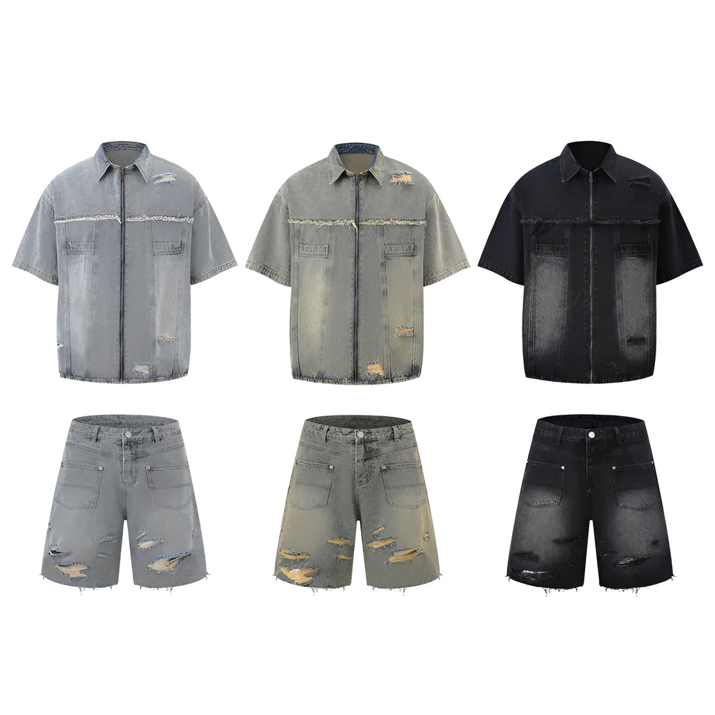 Denim overall suit two-piece set in loose fit street style with colour coordination options