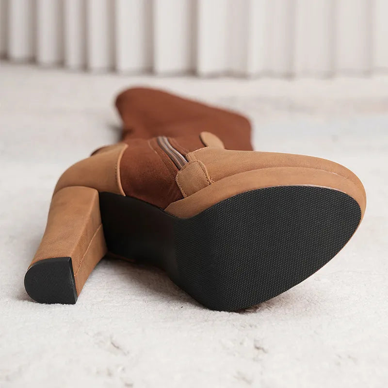 Women's over-the-knee suede boots with high square heel, round toe, black or pink, sheep shearling insole