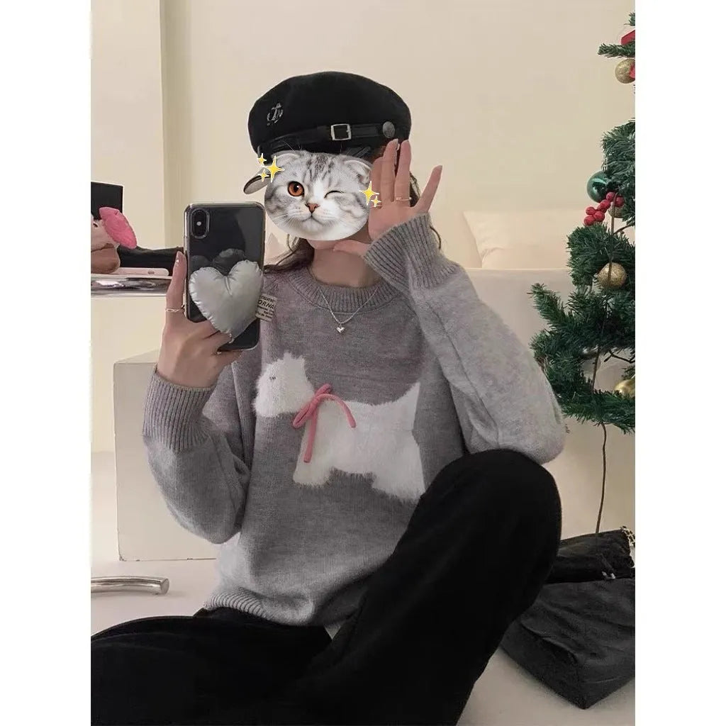 Puppy jacquard Korean pullover sweater in wool, free size, shown in wine red and gray with 3D stereo pattern