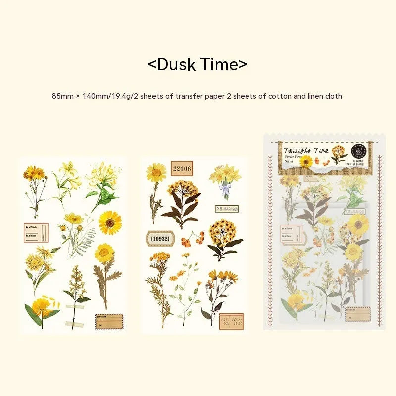 A5 forest art sticker set showing six colour designs on cotton linen transfer paper