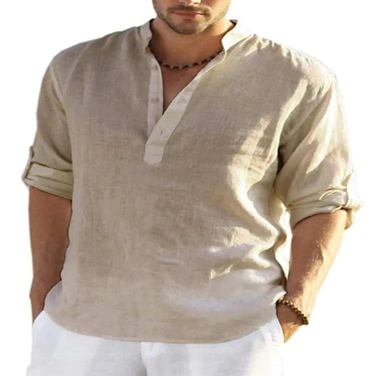 Stylish casual cotton and linen men's shirt with stand collar in various colors