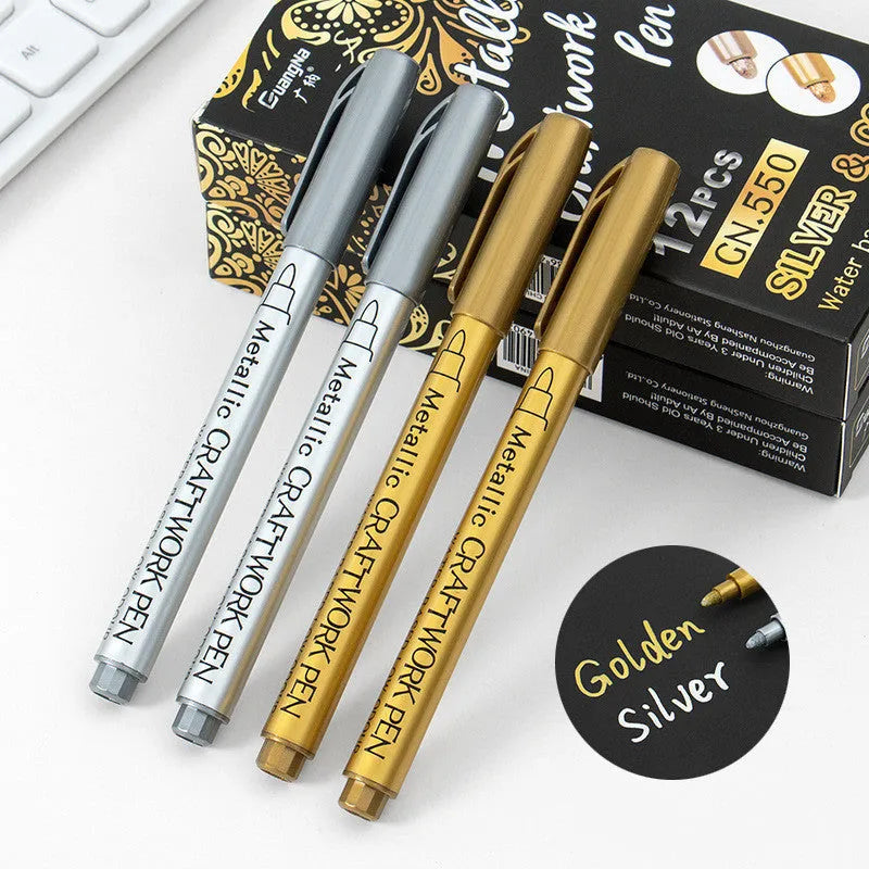 English packaging metal paint pen with plastic shell, 14cm long, gold and silver refill options