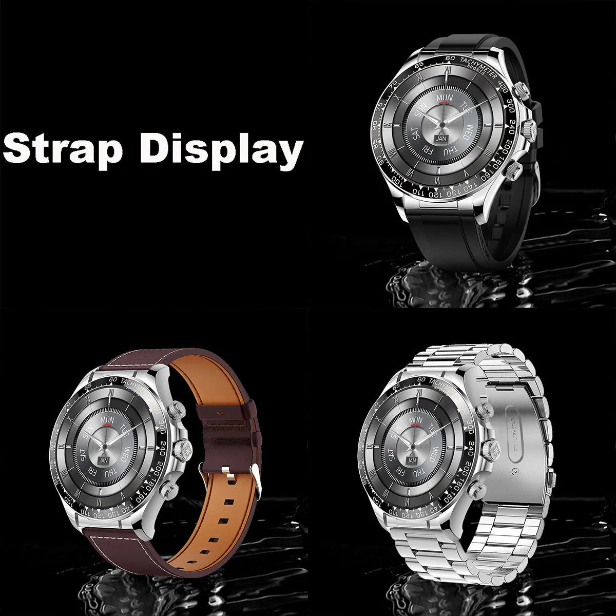 Round screen EX108 smart watch with Bluetooth calling, IPS display and three silicone watchbands in black, silver or rose gold.