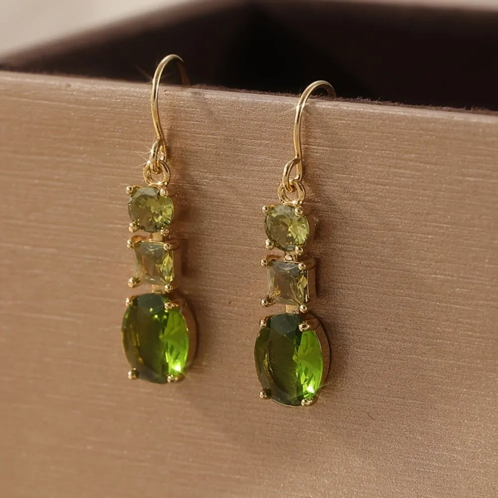 Green geometric quadrilateral copper earrings with retro Bohemian style